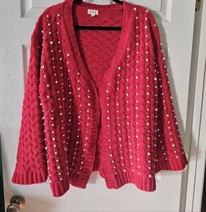 Pol Red Women's Sweater Size Large With Pearls and rhinestones